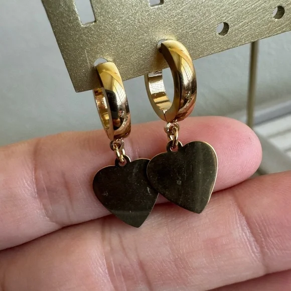 NEW Stainlees Steel Gold Heart Dangle Hoop Earrings - Picture 7 of 9